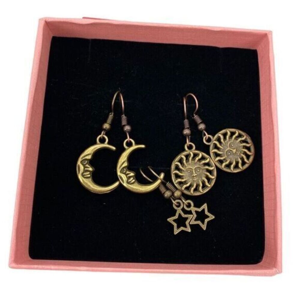 Sun, Moon, and Stars Bronze Celestial Earrings Lot